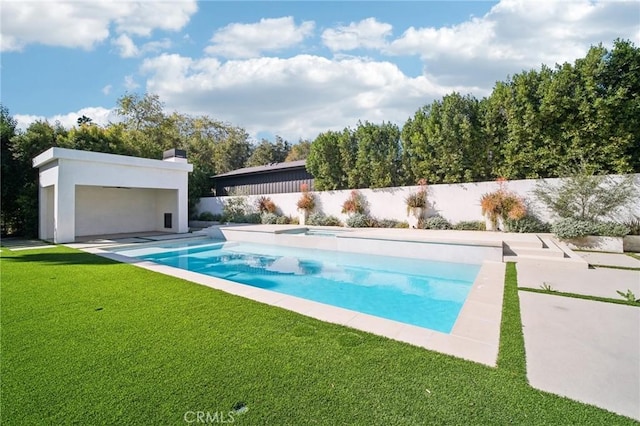 view of swimming pool with a yard, a patio area, a fenced backyard, and a fenced in pool