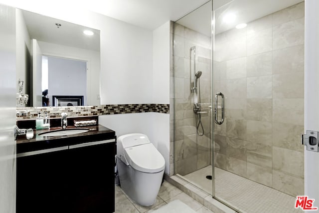 bathroom with tile patterned flooring, toilet, walk in shower, and tasteful backsplash