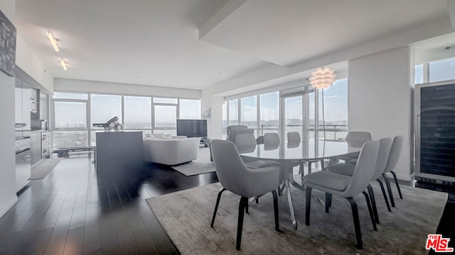 dining room with a healthy amount of sunlight, wood-type flooring, and a chandelier