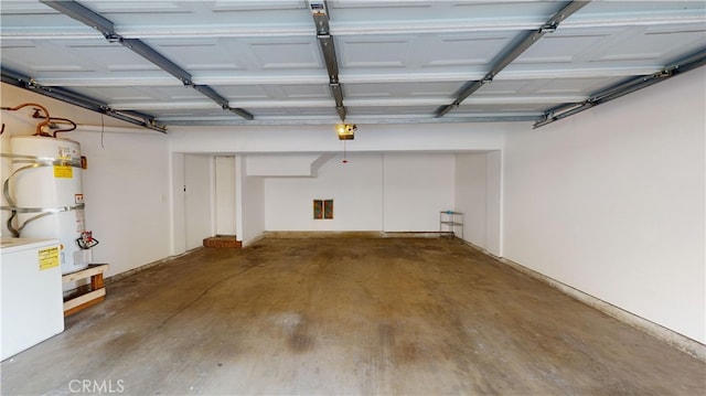 garage with strapped water heater and a garage door opener