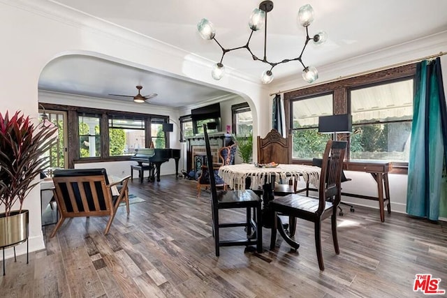 dining room with ceiling fan with notable chandelier, wood-type flooring, and ornamental molding