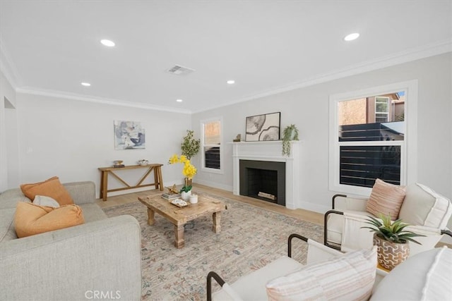 living room featuring light hardwood / wood-style floors and crown molding