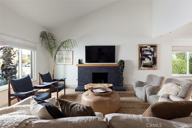 living room with high vaulted ceiling