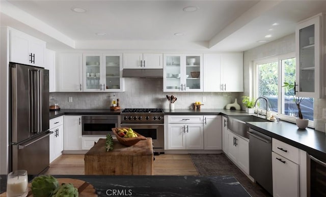 kitchen featuring dark hardwood / wood-style flooring, high quality appliances, sink, backsplash, and white cabinets