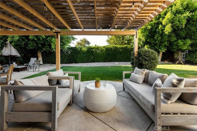 view of patio with a pergola and outdoor lounge area