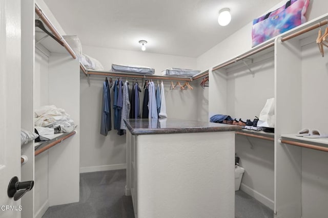 walk in closet with dark carpet