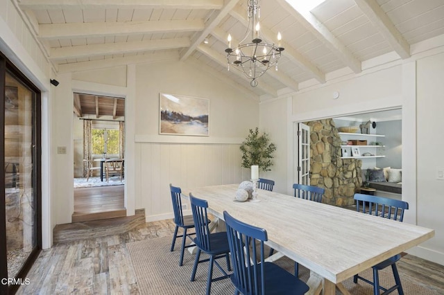 dining room featuring hardwood / wood-style flooring, wooden ceiling, lofted ceiling with beams, and a notable chandelier