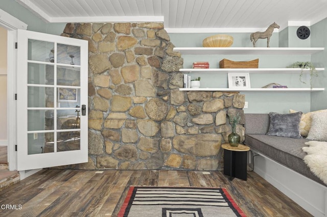 interior space with wood ceiling and wood-type flooring