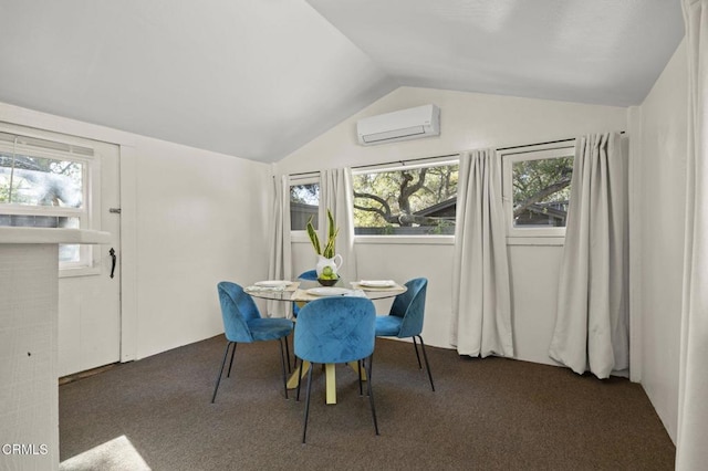 dining room featuring lofted ceiling, an AC wall unit, and dark colored carpet