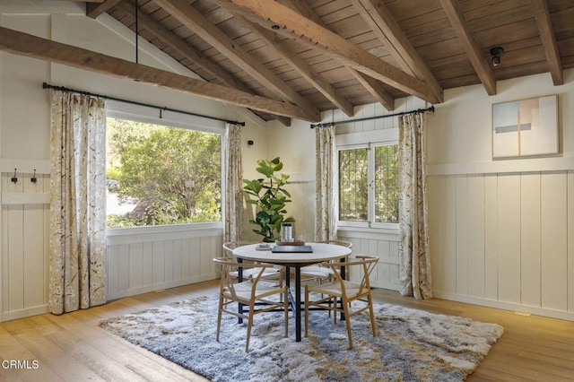 dining space with lofted ceiling with beams, plenty of natural light, wooden ceiling, and light wood-type flooring