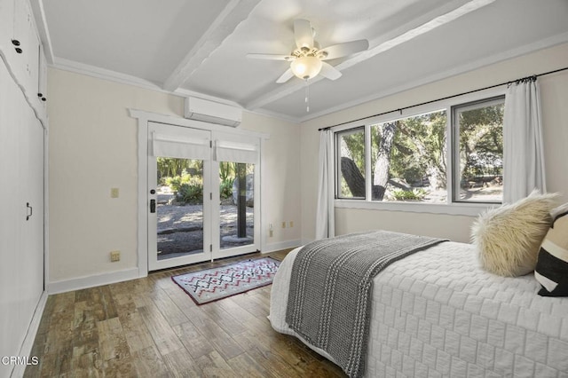 bedroom with dark hardwood / wood-style floors, multiple windows, a wall mounted AC, access to outside, and beam ceiling