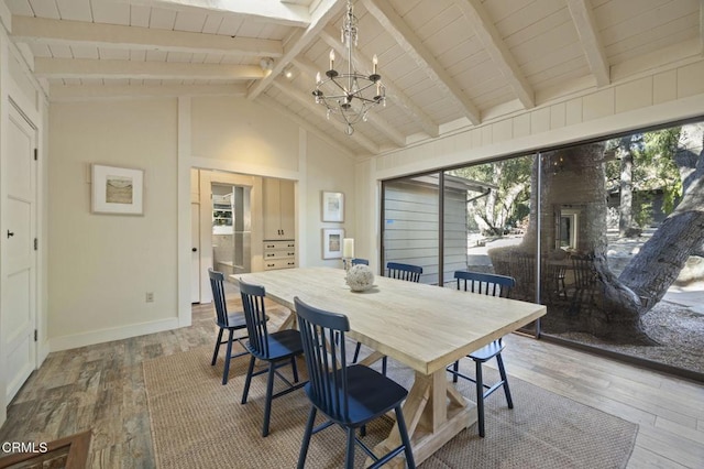 dining area with wood ceiling, wood-type flooring, lofted ceiling with beams, and a notable chandelier