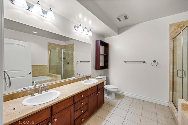 full bathroom with vanity, tile patterned flooring, plus walk in shower, and toilet