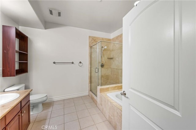 full bathroom featuring tile patterned flooring, vanity, toilet, and plus walk in shower