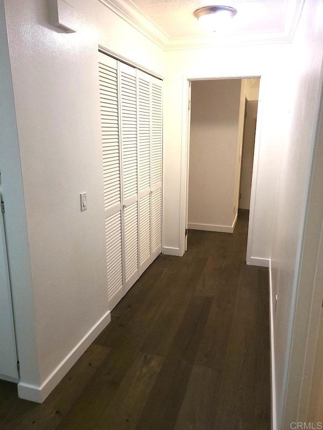 corridor featuring dark hardwood / wood-style flooring and ornamental molding