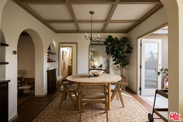 dining area featuring beamed ceiling, coffered ceiling, and an inviting chandelier