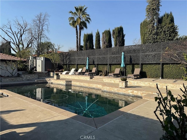 view of property's community with a swimming pool and a patio