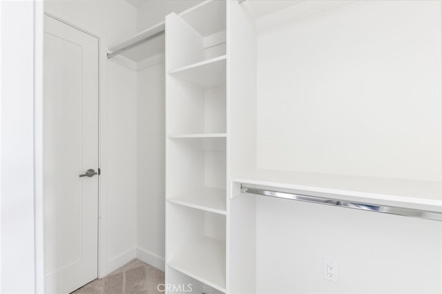 walk in closet with light carpet