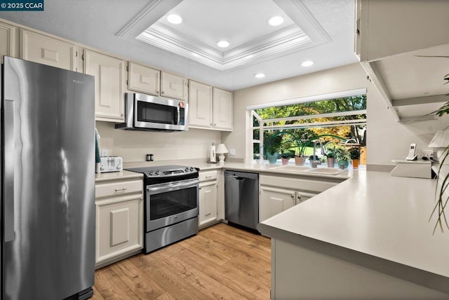 kitchen with white cabinets, stainless steel appliances, a raised ceiling, and crown molding