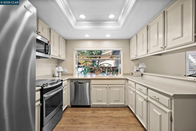 kitchen with appliances with stainless steel finishes, white cabinetry, sink, ornamental molding, and a raised ceiling