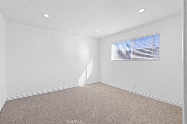 empty room featuring carpet flooring and crown molding