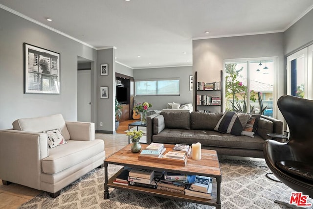 living room with crown molding