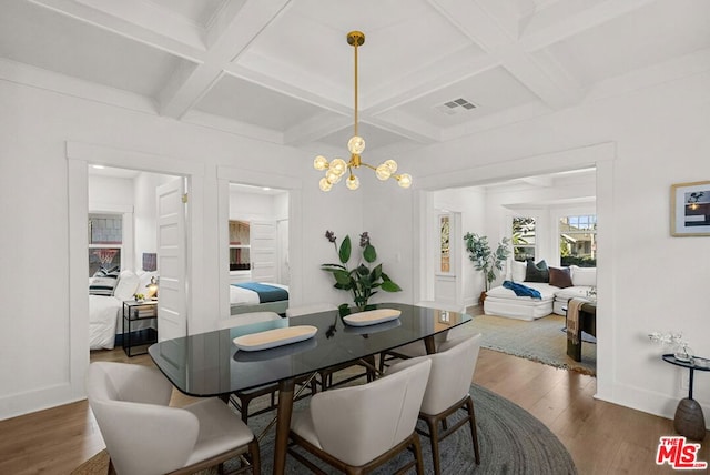 dining space featuring beamed ceiling, dark hardwood / wood-style floors, coffered ceiling, and a notable chandelier