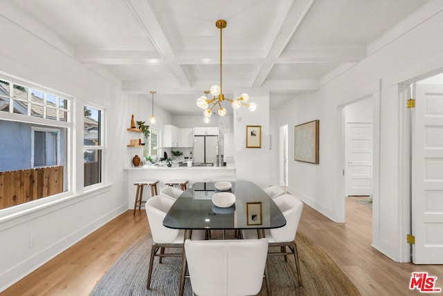 dining area featuring a notable chandelier, beam ceiling, light hardwood / wood-style flooring, and coffered ceiling