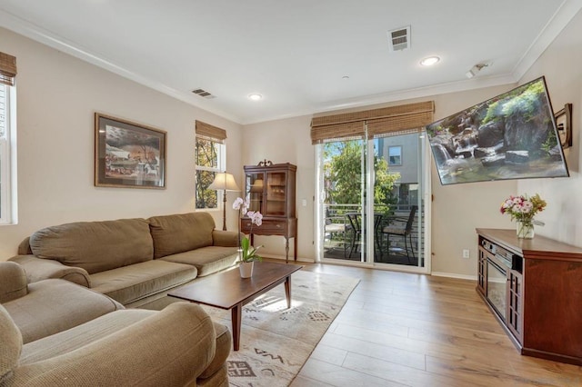 living room with crown molding and light hardwood / wood-style flooring