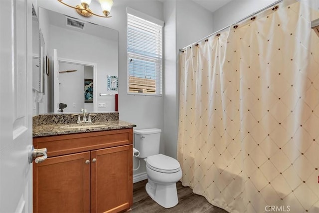 bathroom featuring toilet, vanity, wood-type flooring, and a shower with shower curtain