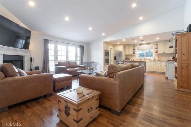 living room featuring hardwood / wood-style flooring and vaulted ceiling