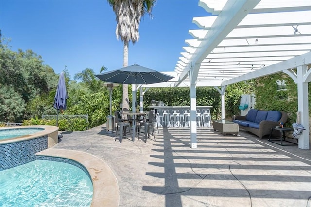 view of patio with a swimming pool with hot tub, a pergola, an outdoor living space, and an outdoor bar