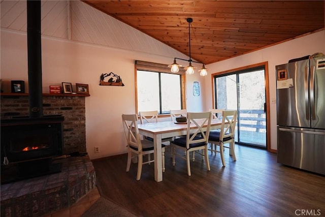 dining area with vaulted ceiling, wood ceiling, dark hardwood / wood-style flooring, and a wood stove