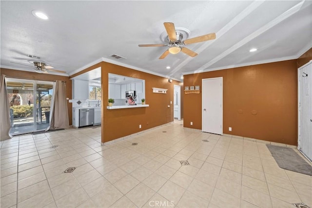 unfurnished living room featuring light tile patterned floors, ceiling fan, and ornamental molding