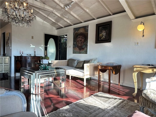 living room featuring wood ceiling, a chandelier, lofted ceiling with beams, and hardwood / wood-style flooring