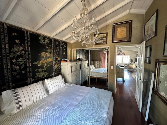 bedroom featuring a chandelier, lofted ceiling with beams, dark hardwood / wood-style floors, and wooden ceiling