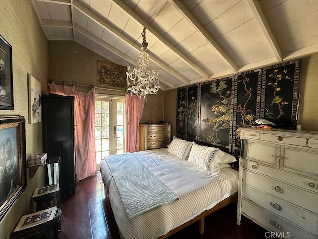 bedroom featuring lofted ceiling with beams, dark hardwood / wood-style floors, wood ceiling, and a chandelier