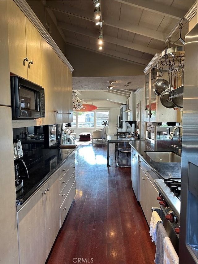 kitchen with dark wood-type flooring, sink, lofted ceiling with beams, decorative light fixtures, and wooden ceiling