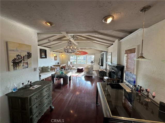 kitchen with vaulted ceiling with beams, decorative light fixtures, dark wood-type flooring, and a notable chandelier