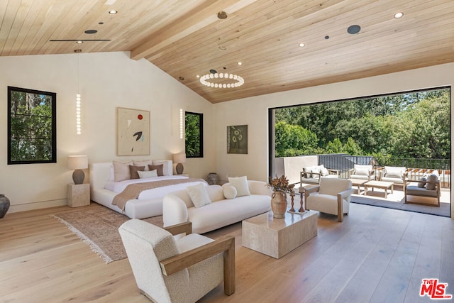 bedroom featuring vaulted ceiling with beams, light wood-type flooring, and wood ceiling