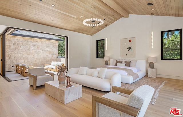 bedroom with lofted ceiling with beams, light hardwood / wood-style floors, and wooden ceiling