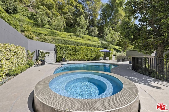 view of pool featuring a patio area and an in ground hot tub