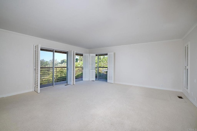 carpeted spare room with ornamental molding