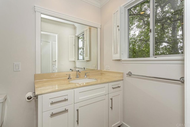 bathroom with vanity, a healthy amount of sunlight, and ornamental molding