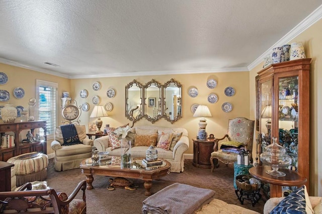 carpeted living room with a textured ceiling and ornamental molding