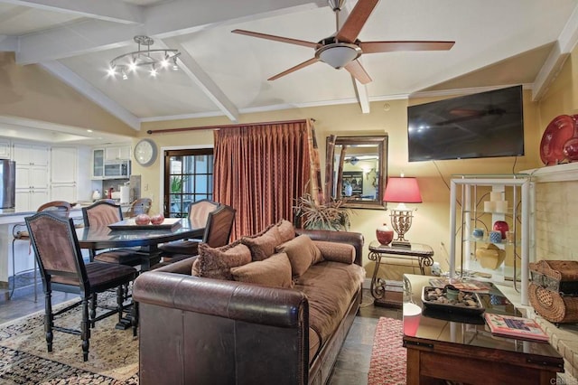 living room with lofted ceiling with beams and ceiling fan