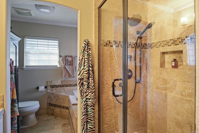 bathroom featuring toilet, an enclosed shower, and ornamental molding