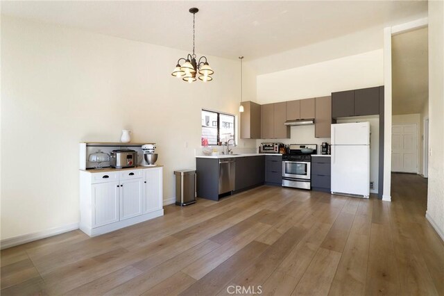 kitchen with light hardwood / wood-style flooring, decorative light fixtures, an inviting chandelier, appliances with stainless steel finishes, and sink