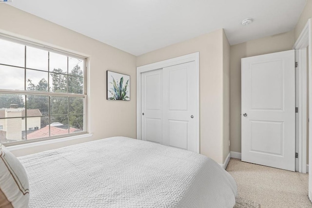 carpeted bedroom with multiple windows and a closet