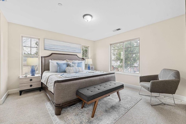 bedroom featuring multiple windows and light carpet